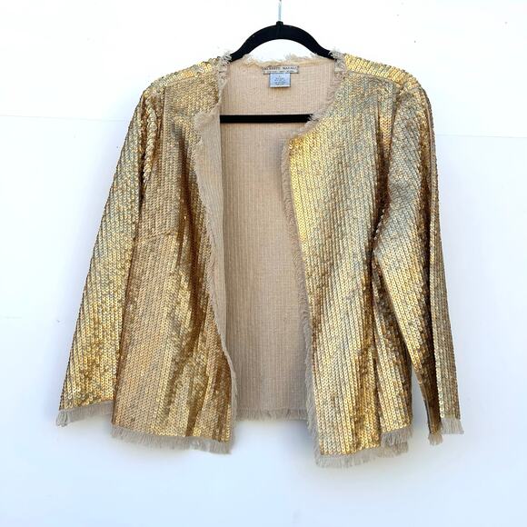 Vintage Alberto Makali 90s Y2K Gold Sequin Cocktail Jacket Linen Large Holiday - Picture 2 of 7